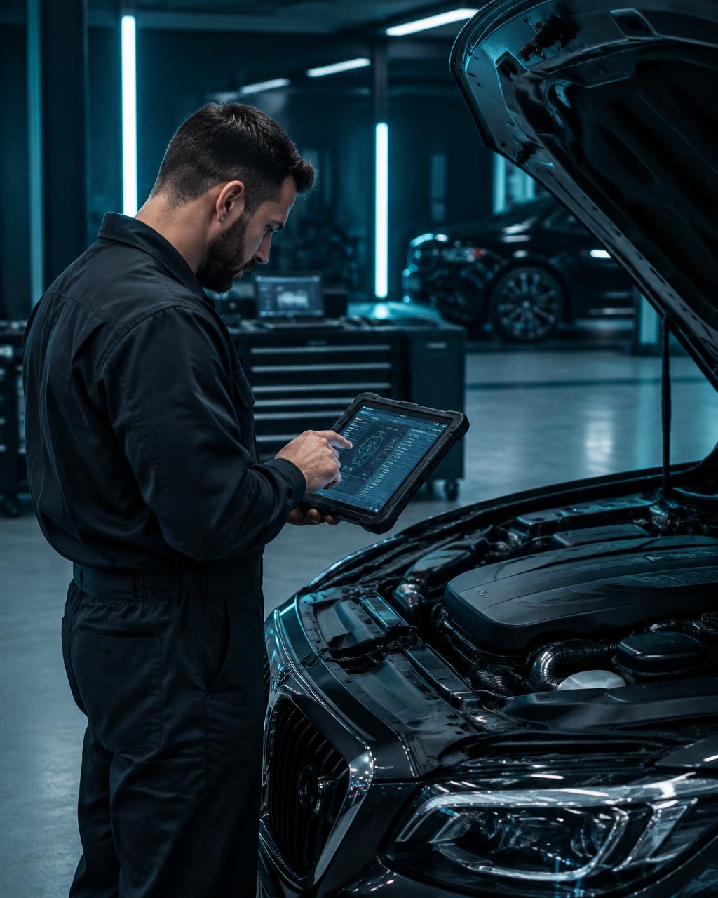 Técnico da Maciel realizando diagnóstico em veículo premium