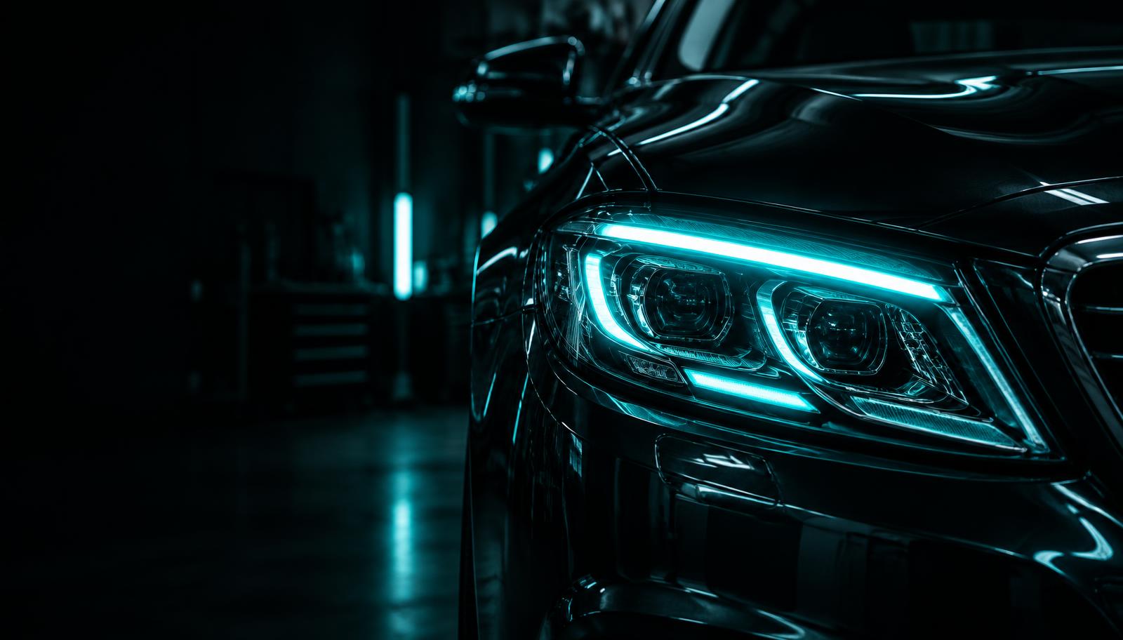 Detalhe de farol de veículo premium na oficina